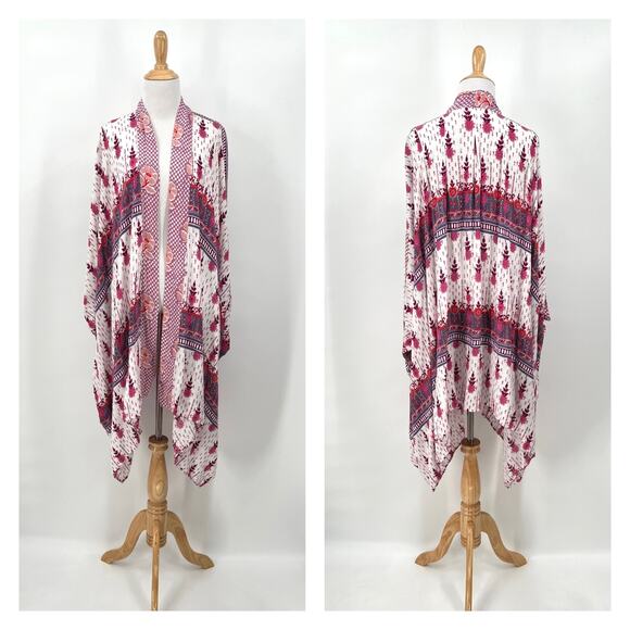 ANTHROPOLOGIE LILKA Kalyse Printed Kimono Women Ones Size White Pink Floral Boho - Picture 3 of 13